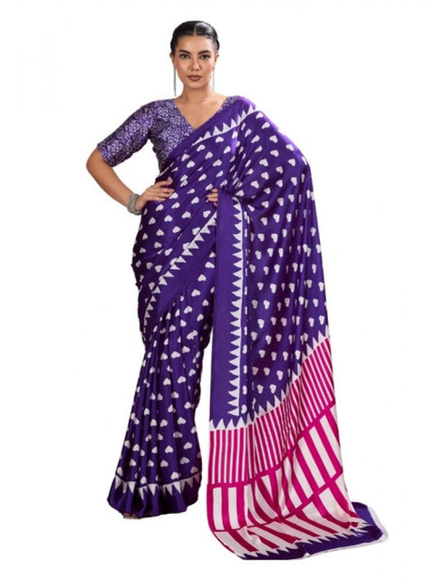 Women's Satin Crepe Printed Saree With Unstitched Blouse 5.5Mtr (Navy Blue)