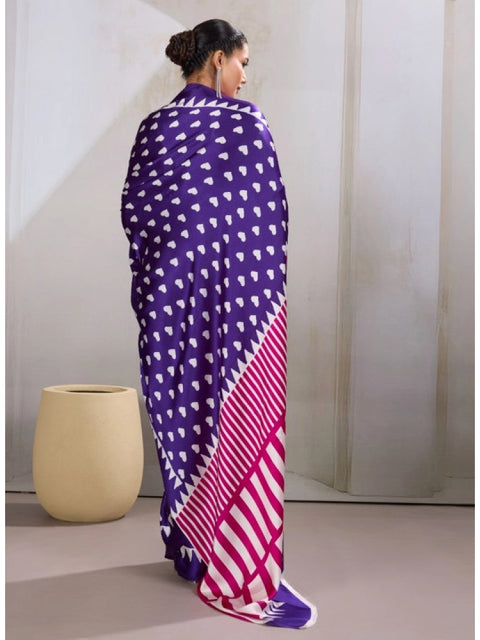 Women's Satin Crepe Printed Saree With Unstitched Blouse 5.5Mtr (Navy Blue)