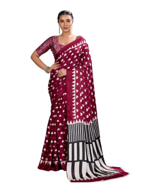 Women's Satin Crepe Printed Saree With Unstitched Blouse 5.5Mtr (Maroon)
