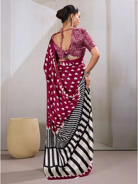 Women's Satin Crepe Printed Saree With Unstitched Blouse 5.5Mtr (Maroon)