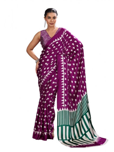 Women's Satin Crepe Printed Saree With Unstitched Blouse 5.5Mtr (Purple)