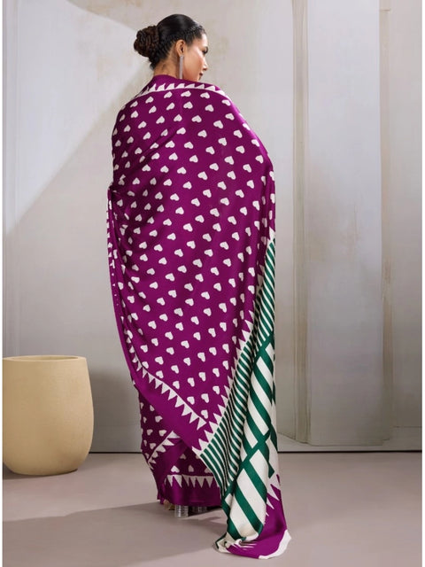 Women's Satin Crepe Printed Saree With Unstitched Blouse 5.5Mtr (Purple)