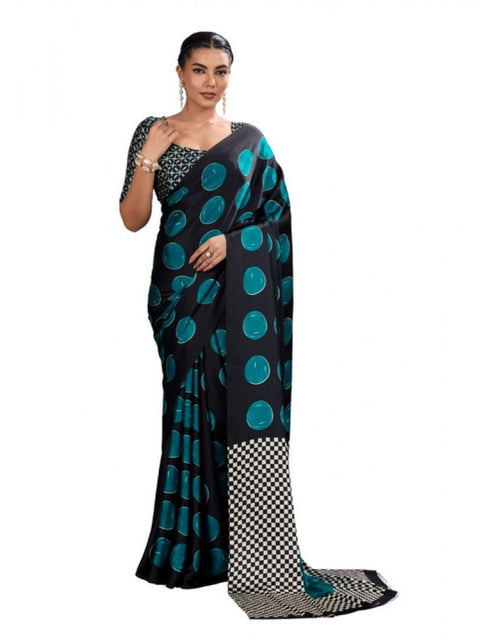 Women's Satin Crepe Printed Saree With Unstitched Blouse 5.5Mtr (Black)