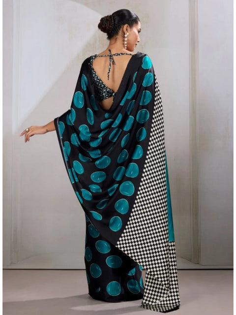 Women's Satin Crepe Printed Saree With Unstitched Blouse 5.5Mtr (Black)