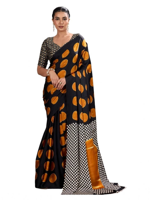 Women's Satin Crepe Printed Saree With Unstitched Blouse 5.5Mtr (Mustard)