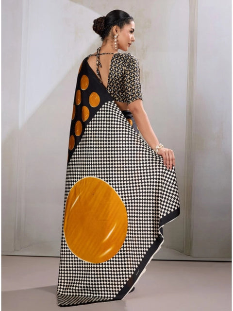Women's Satin Crepe Printed Saree With Unstitched Blouse 5.5Mtr (Mustard)