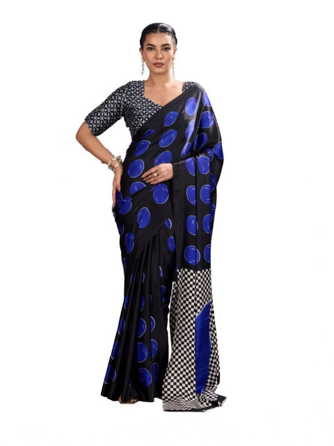 Women's Satin Crepe Printed Saree With Unstitched Blouse 5.5Mtr (Blue)