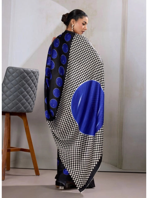 Women's Satin Crepe Printed Saree With Unstitched Blouse 5.5Mtr (Blue)