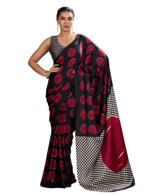 Women's Satin Crepe Printed Saree With Unstitched Blouse 5.5Mtr (Maroon)