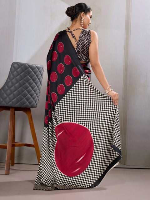 Women's Satin Crepe Printed Saree With Unstitched Blouse 5.5Mtr (Maroon)