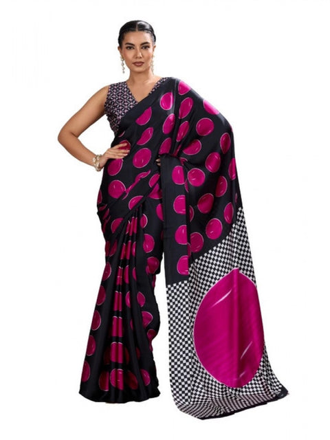 Women's Satin Crepe Printed Saree With Unstitched Blouse 5.5Mtr (Pink)
