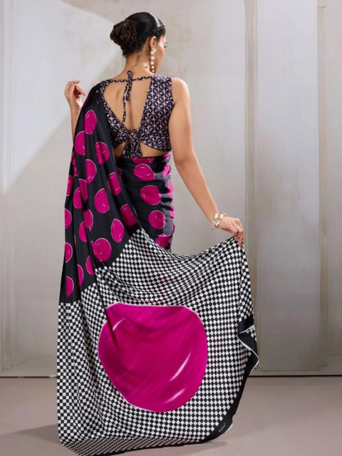 Women's Satin Crepe Printed Saree With Unstitched Blouse 5.5Mtr (Pink)