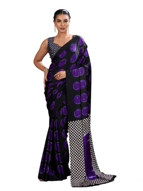 Women's Satin Crepe Printed Saree With Unstitched Blouse 5.5Mtr (Purple)