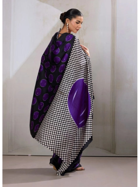 Women's Satin Crepe Printed Saree With Unstitched Blouse 5.5Mtr (Purple)