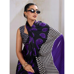 Generic Women's Satin Crepe Printed Saree With Unstitched Blouse 5.5Mtr (Purple)