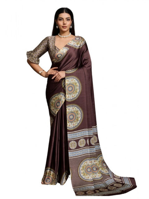 Women's Satin Crepe Printed Saree With Unstitched Blouse 5.5Mtr (Brown)