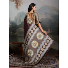 Generic Women's Satin Crepe Printed Saree With Unstitched Blouse 5.5Mtr (Brown)