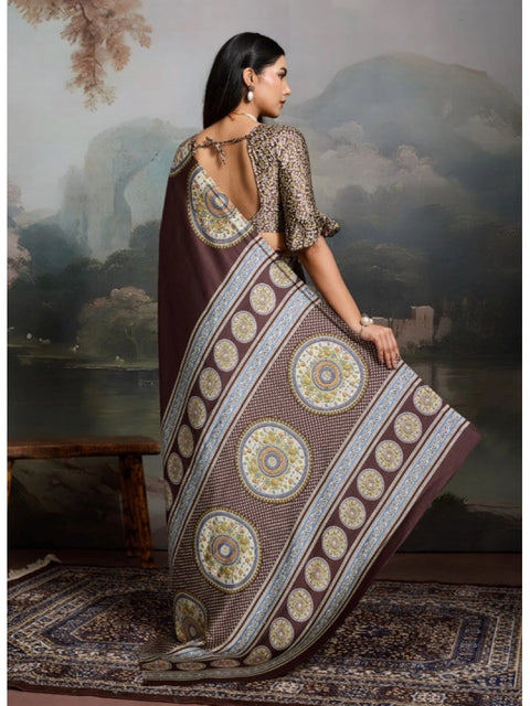 Women's Satin Crepe Printed Saree With Unstitched Blouse 5.5Mtr (Brown)