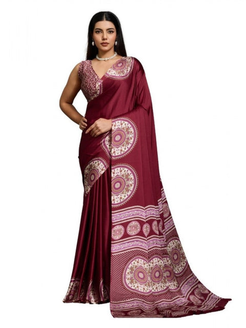 Women's Satin Crepe Printed Saree With Unstitched Blouse 5.5Mtr (Maroon)