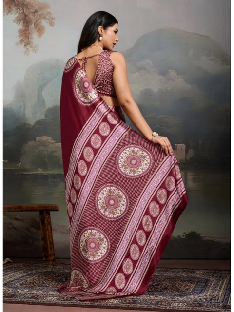 Women's Satin Crepe Printed Saree With Unstitched Blouse 5.5Mtr (Maroon)