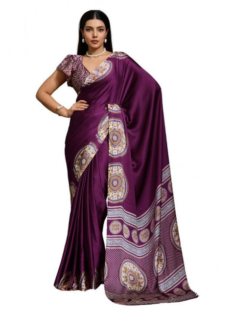 Women's Satin Crepe Printed Saree With Unstitched Blouse 5.5Mtr (Purple)