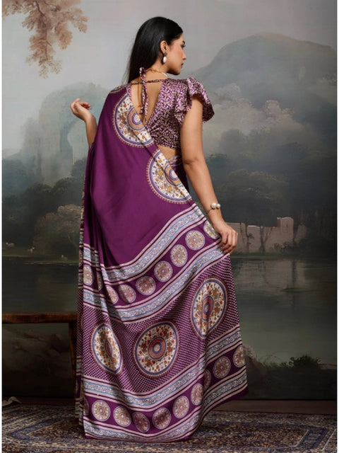 Women's Satin Crepe Printed Saree With Unstitched Blouse 5.5Mtr (Purple)