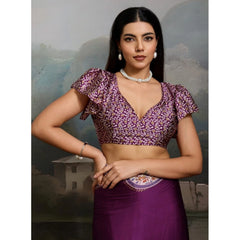 Generic Women's Satin Crepe Printed Saree With Unstitched Blouse 5.5Mtr (Purple)