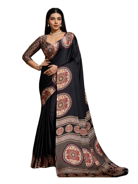 Women's Satin Crepe Printed Saree With Unstitched Blouse 5.5Mtr (Black)