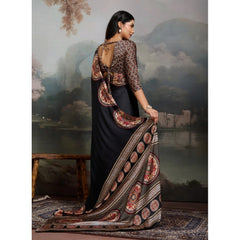 Generic Women's Satin Crepe Printed Saree With Unstitched Blouse 5.5Mtr (Black)