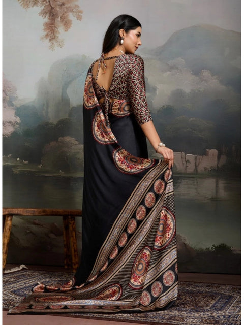 Women's Satin Crepe Printed Saree With Unstitched Blouse 5.5Mtr (Black)