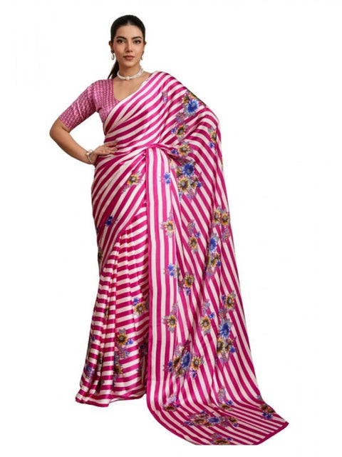 Women's Satin Crepe Printed Saree With Unstitched Blouse 5.5Mtr (Pink)
