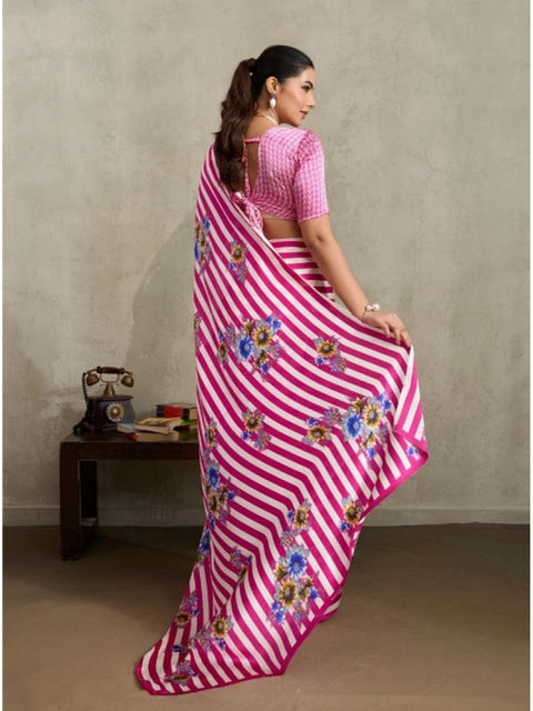 Women's Satin Crepe Printed Saree With Unstitched Blouse 5.5Mtr (Pink)