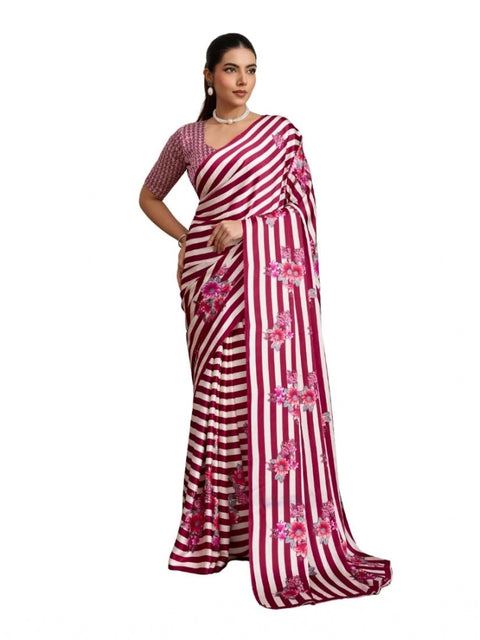 Women's Satin Crepe Printed Saree With Unstitched Blouse 5.5Mtr (Maroon)