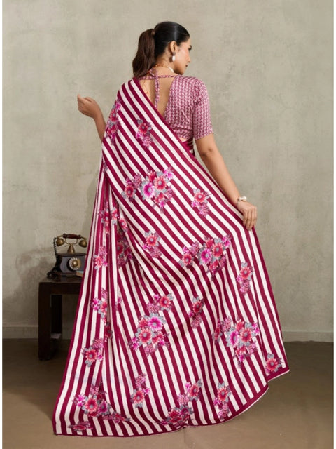 Women's Satin Crepe Printed Saree With Unstitched Blouse 5.5Mtr (Maroon)