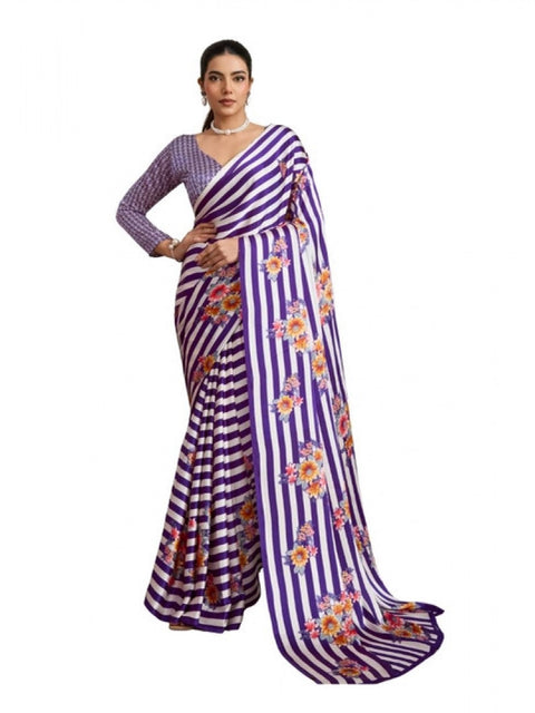 Women's Satin Crepe Printed Saree With Unstitched Blouse 5.5Mtr (Purple)