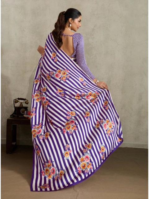 Women's Satin Crepe Printed Saree With Unstitched Blouse 5.5Mtr (Purple)
