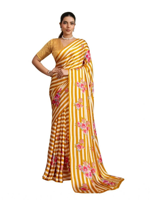 Women's Satin Crepe Printed Saree With Unstitched Blouse 5.5Mtr (Mustard)