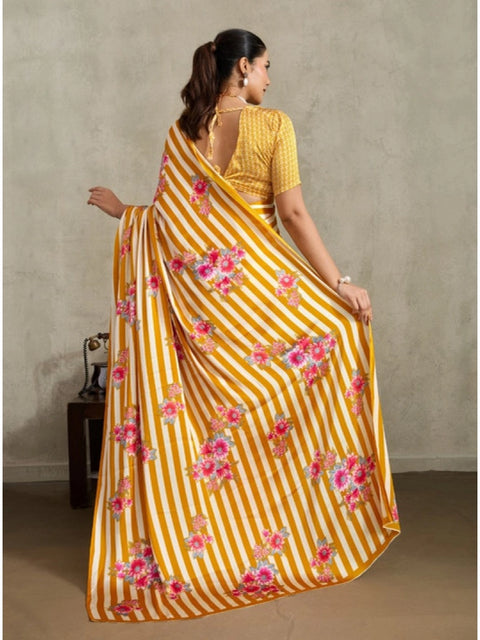 Women's Satin Crepe Printed Saree With Unstitched Blouse 5.5Mtr (Mustard)
