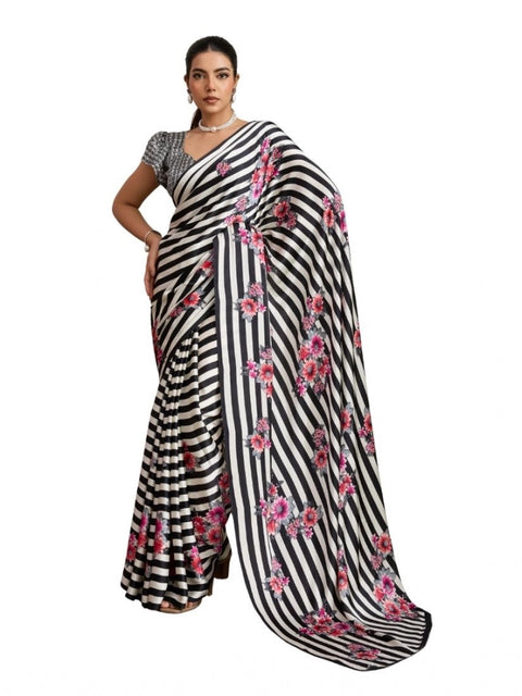 Women's Satin Crepe Printed Saree With Unstitched Blouse 5.5Mtr (Black)