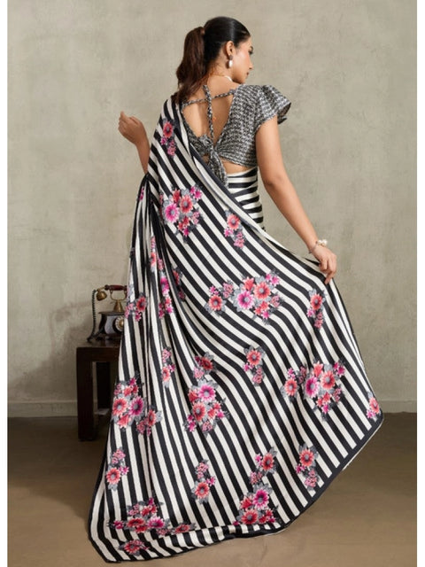 Women's Satin Crepe Printed Saree With Unstitched Blouse 5.5Mtr (Black)