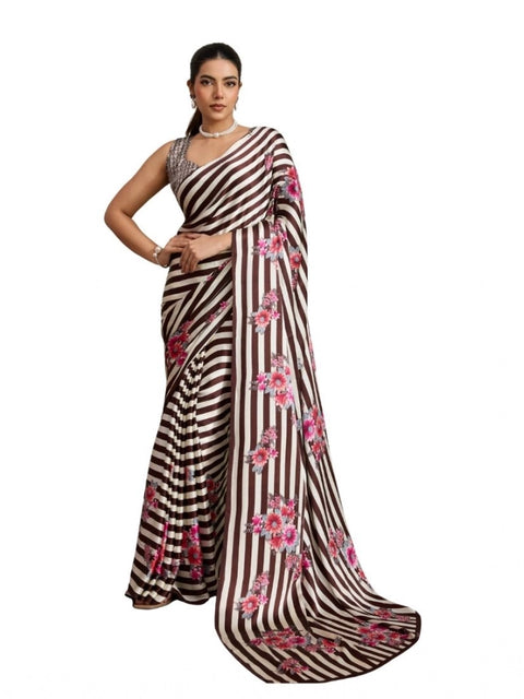 Women's Satin Crepe Printed Saree With Unstitched Blouse 5.5Mtr (Brown)