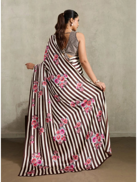 Women's Satin Crepe Printed Saree With Unstitched Blouse 5.5Mtr (Brown)