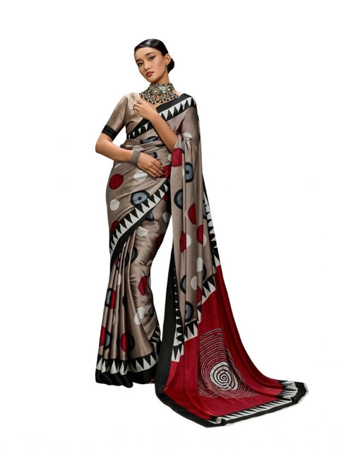 Women's Satin Crepe Printed Saree With Unstitched Blouse 5.5Mtr (Grey)