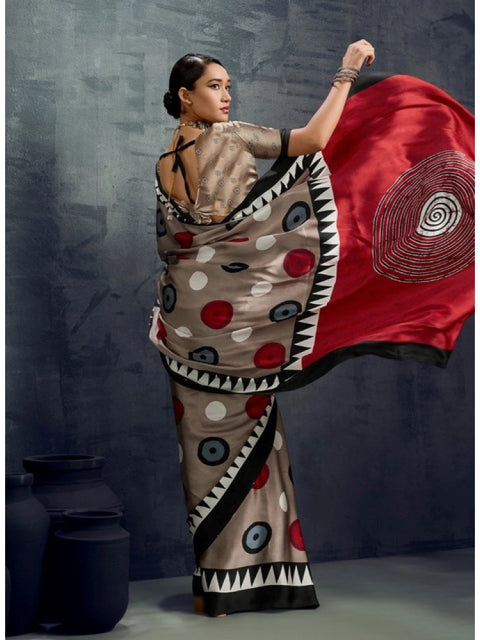 Women's Satin Crepe Printed Saree With Unstitched Blouse 5.5Mtr (Grey)