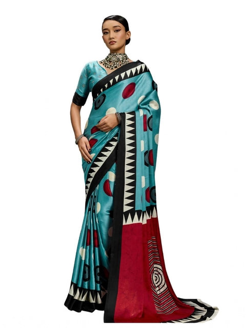 Women's Satin Crepe Printed Saree With Unstitched Blouse 5.5Mtr (Sky Blue)