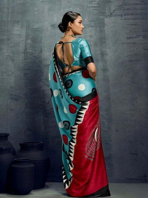 Women's Satin Crepe Printed Saree With Unstitched Blouse 5.5Mtr (Sky Blue)