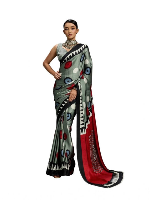 Women's Satin Crepe Printed Saree With Unstitched Blouse 5.5Mtr (Multicolor)