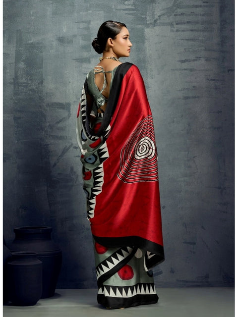 Women's Satin Crepe Printed Saree With Unstitched Blouse 5.5Mtr (Multicolor)