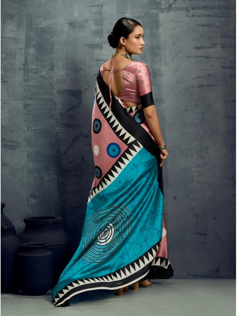 Women's Satin Crepe Printed Saree With Unstitched Blouse 5.5Mtr (Multicolor)