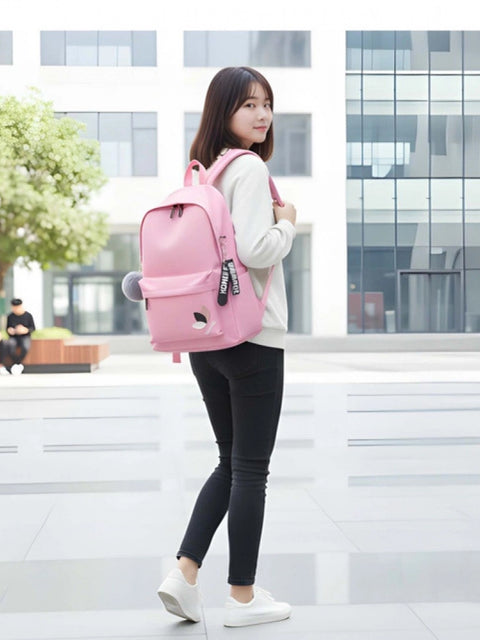 Unisex PU Leather Solid Medium Zipper Backpack (Pink)